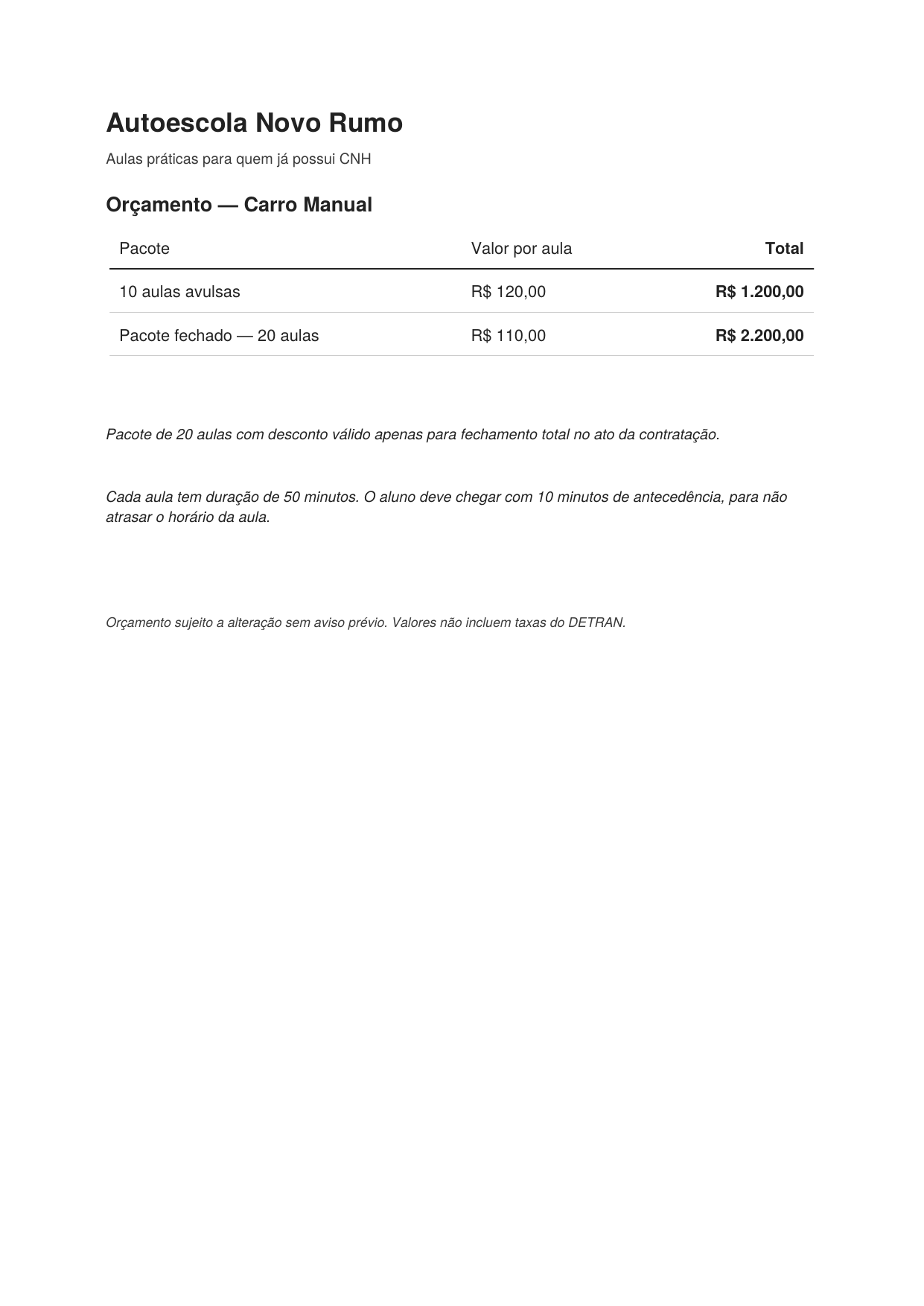 Orçamento real de autoescola para habilitados
